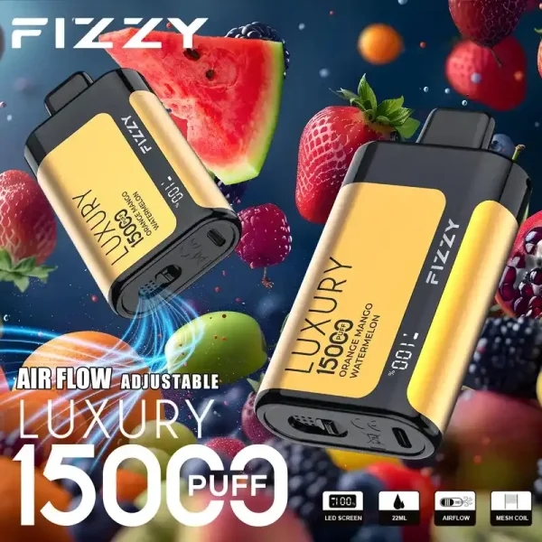 Fizzy Luxury 15K (15000) Puffs 22ML E-liquid Mesh Coil LCD Screen Adjustable Air Flow 15flavors 650mAh Rechargeable Battery 2% 5% Nicotine Disposable Vape 40 Fizzy Luxury 15K (15000) Puffs 22ML E-liquid Mesh Coil LCD Screen Adjustable Air Flow 15flavors 650mAh Rechargeable Battery 2% 5% Nicotine Disposable Vape