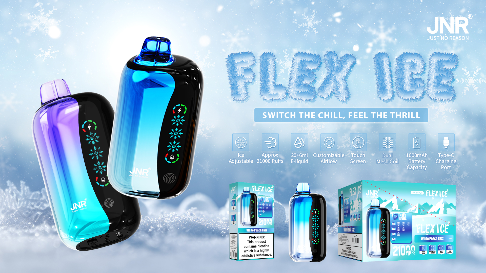 vape-store.cn JNR FLEX ICE 21K(21000) Puffs 0% 2% 5% Nicotine 26ml E-liquid 1000mAh Rechargeable Battery LED Display Disposable Vape