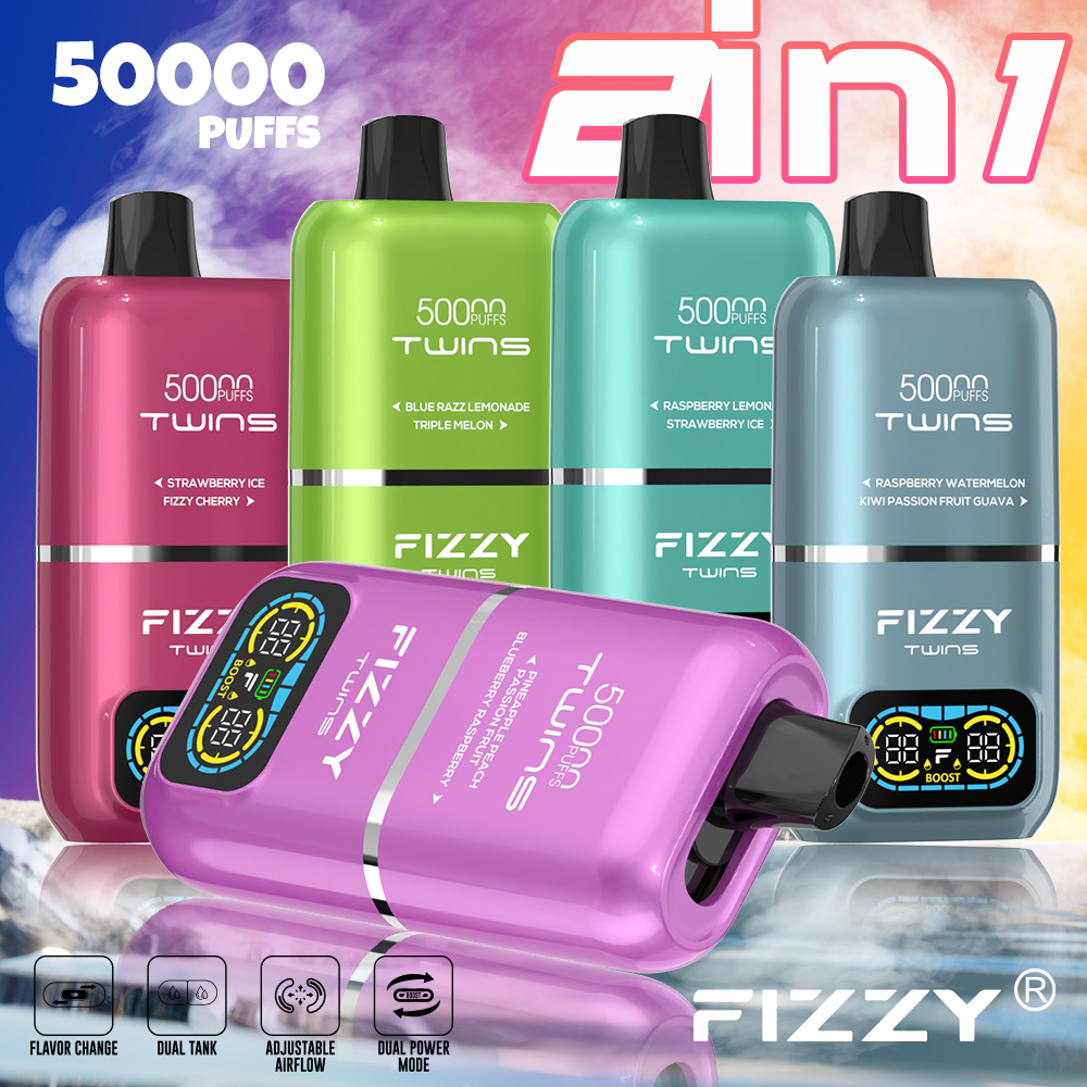 vape-store.cn FIZZY TWINS 50K(50000) Puffs Dual flavors 50ML of e-liquid mesh coil 850mAh battery 2%/5% nicotine LCD Screen Disposable Vape