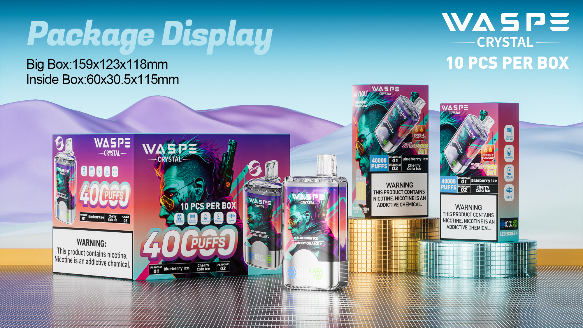 vape-store.cn WASPE Crystal Double Flavors 40K(40000) Puffs 32mL e-liquid 0% 2% or 5% Nicotine Smart LED Display Type-C charging Disposable Vape