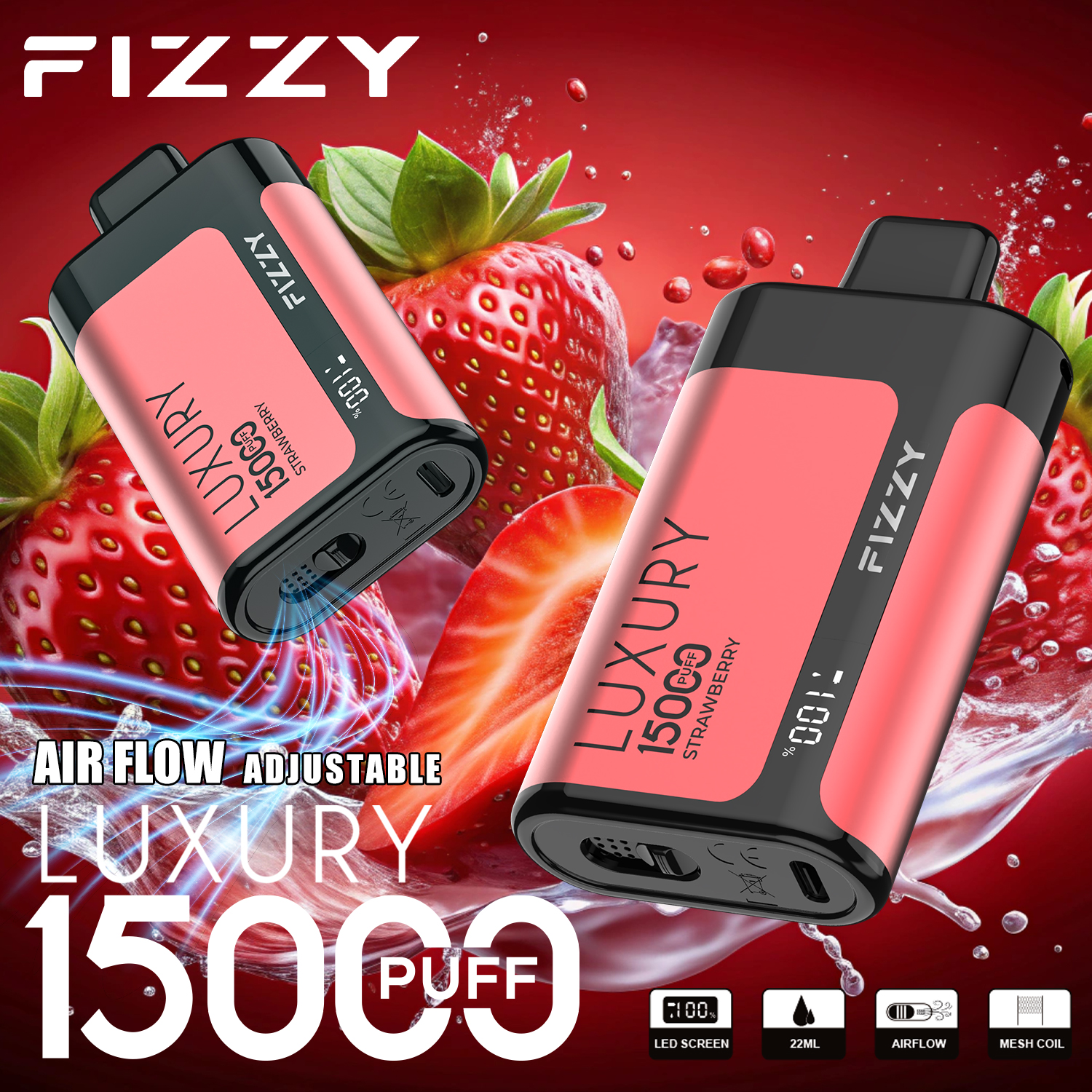 vape-store.cn Fizzy Luxury 15K(15000) Puffs 22ML E-liquid Mesh Coil LCD Screen Adjustable Air Flow Disposable Vape