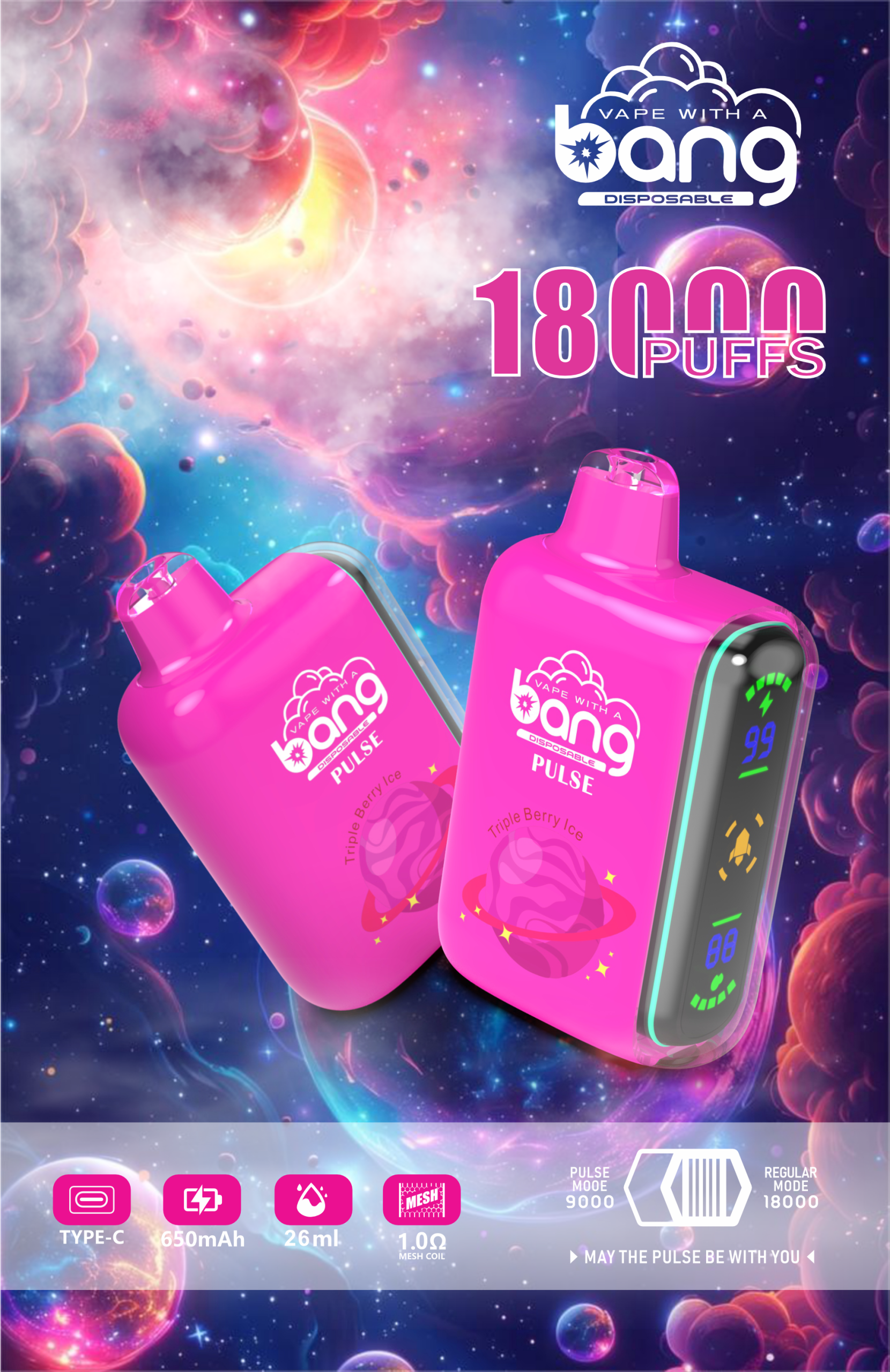 vape-store.cn Bang Pulse 18K(18000) Puffs Adjustable Airflow 26ml E-liquid 0% 2% 3% 5% Nicotine Type-C Charging Disposable Vape