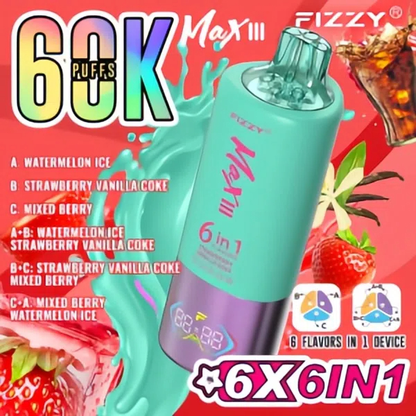 vape-store.cn Revolutionary Experience:Fizzy Max III Six-in-One Rechargeable Disposable Vape-A 60,000-Puff Journey to Bliss, Unlocking 6 Mysterious Flavor Universes!